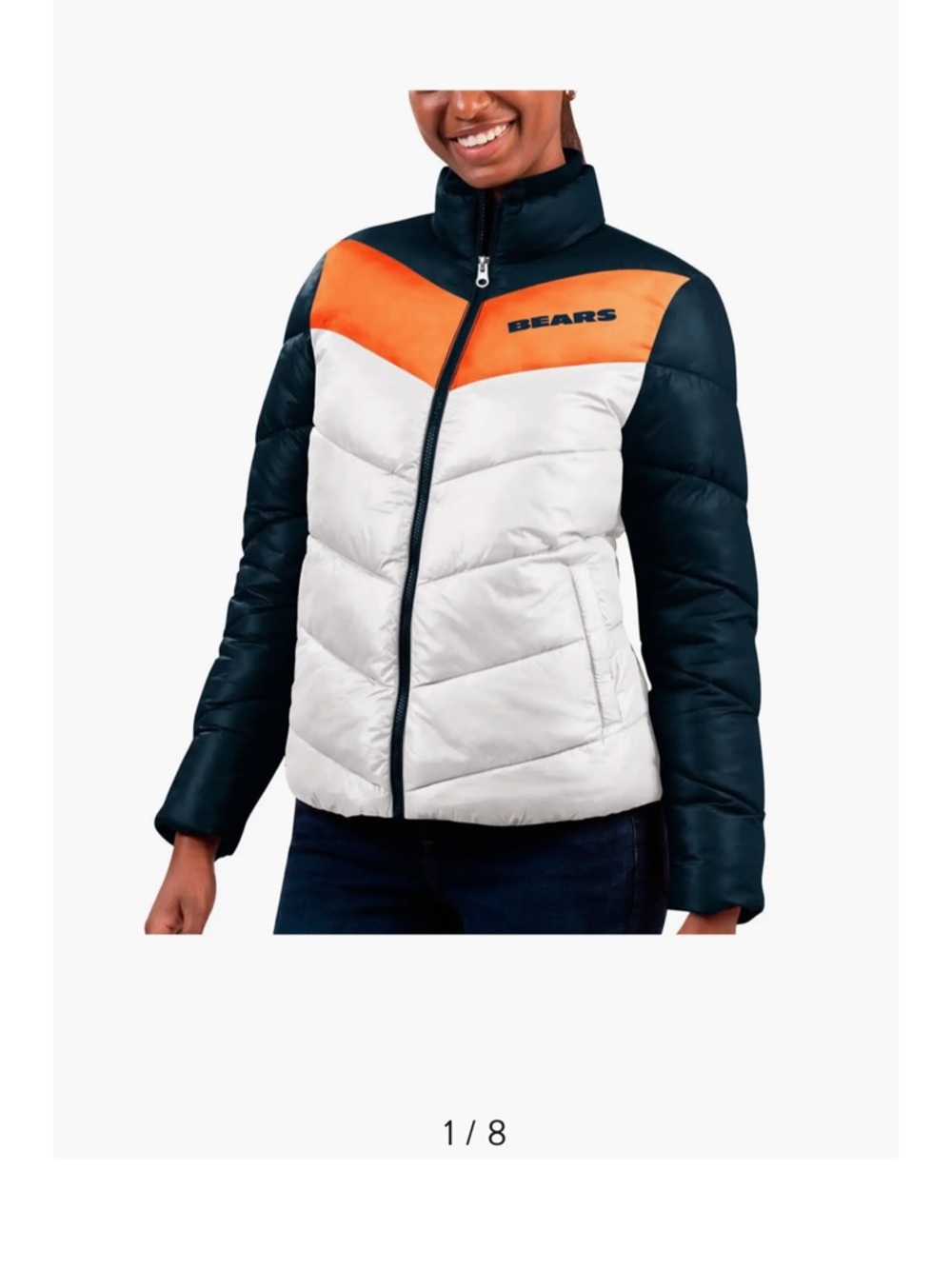 Chicago Bears Colorblock Puffer Jacket in White/Orange/Navy